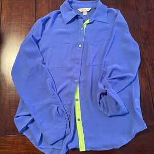 Decree Periwinkle Blue‎ Button Down Blouse Top with Neon Trim - Size Small